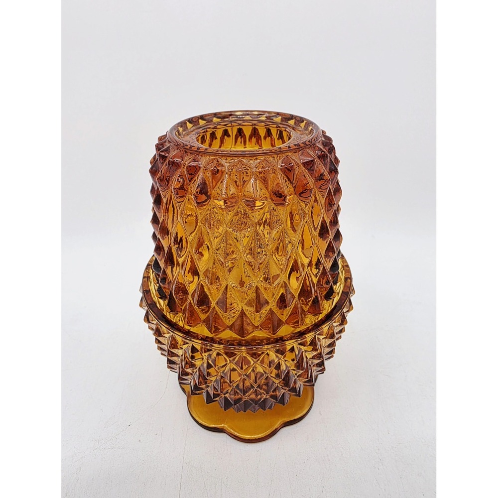 Vintage Indiana Glass Diamond Pattern Amber Fairy Lamp Candle Holder 5.5" MCM